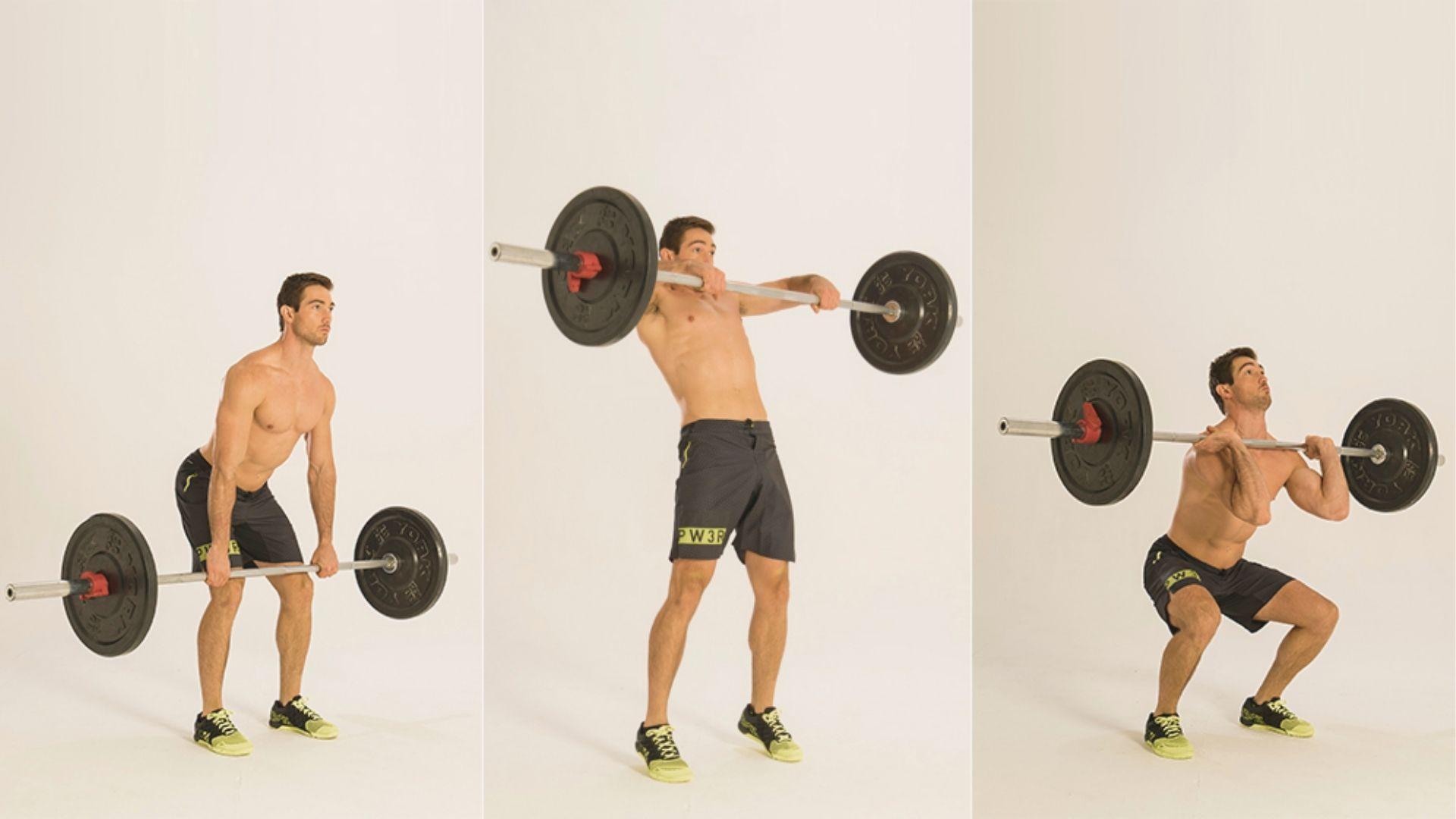 Three-panel sequence of a male athlete performing a power clean: hang position, triple extension, and quarter-squat catch.