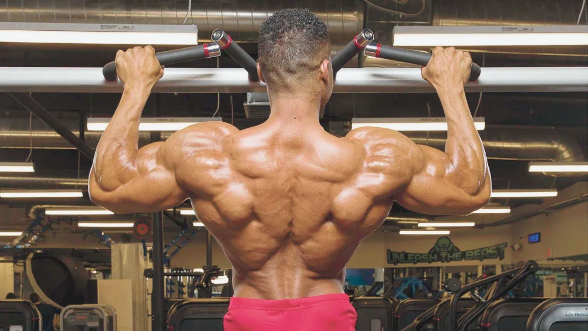 Muscular man doing pull-ups in a gym, back facing camera with “Unleash the Beast” sign behind.