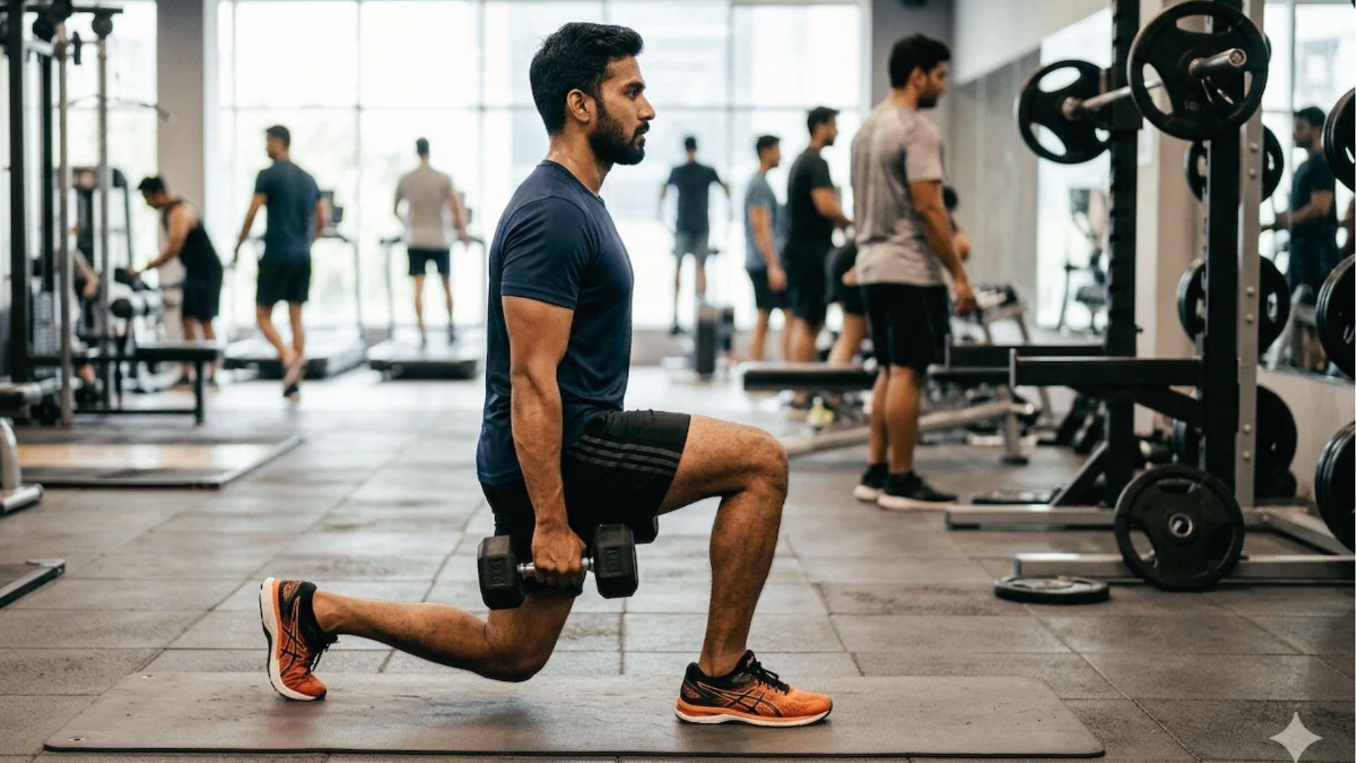 Man performing dumbbell lunges in gym to build glutes, the powerhouse muscles for stability