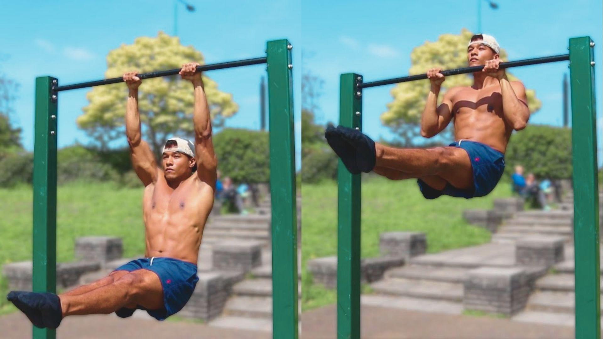 Split-screen of a shirtless man in blue shorts and backwards cap doing an L-sit pull-up outdoors.