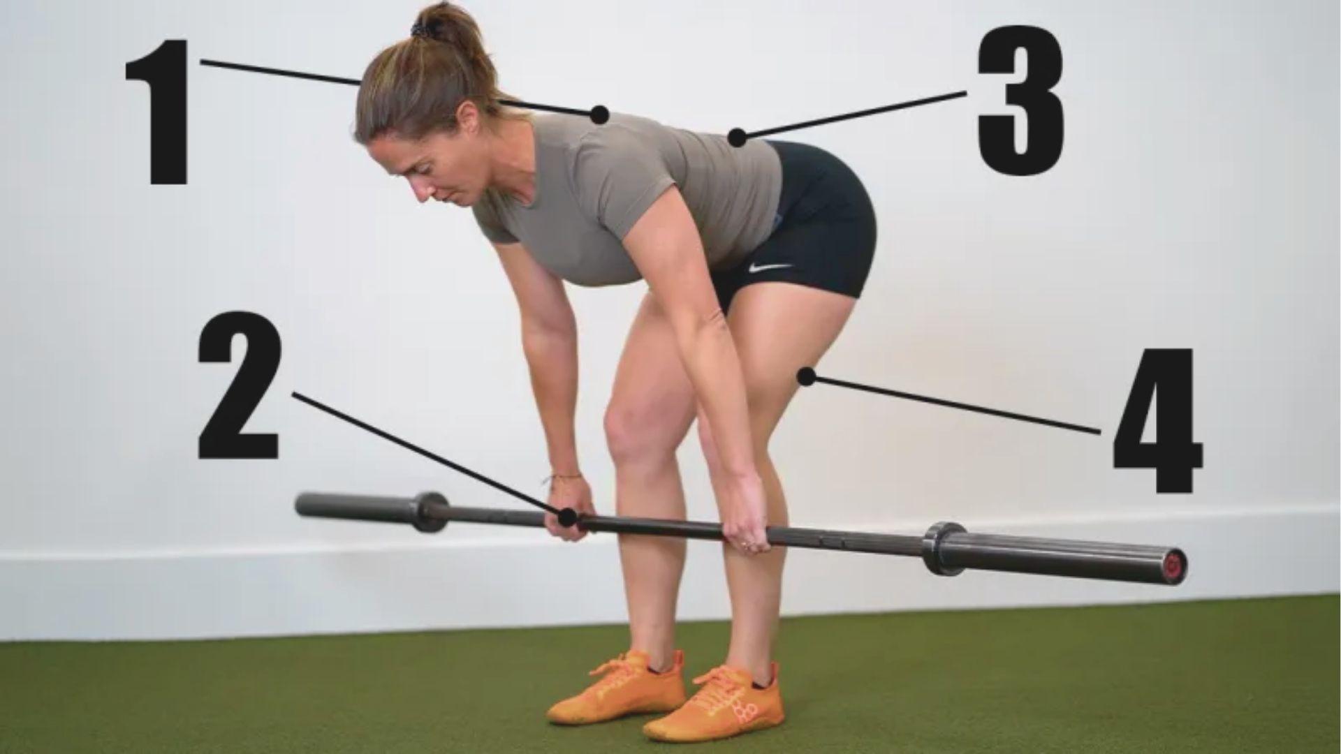 Woman in gray shirt and black shorts with form cues labeled 1-4 while doing a barbell RDL on turf.