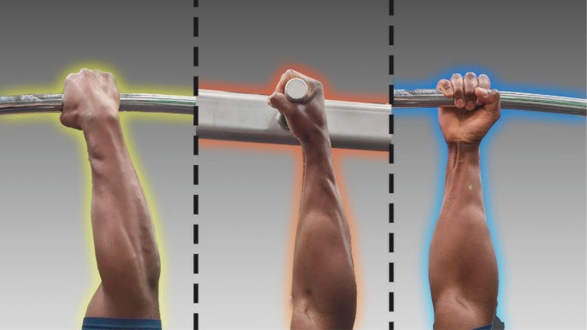 Split image comparing three pull-up grips on a bar: wide overhand grip with yellow glow, neutral grip on angled handles with orange glow, and close underhand grip with blue glow.