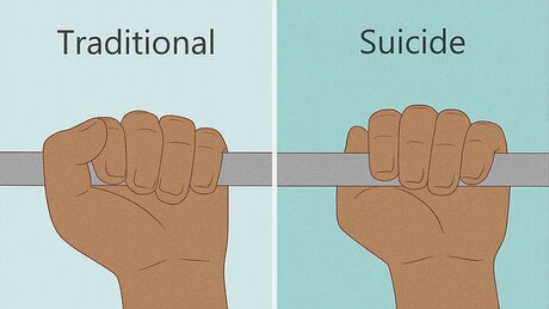 Illustrated comparison of hand positions on a barbell labeled Traditional vs Suicide.