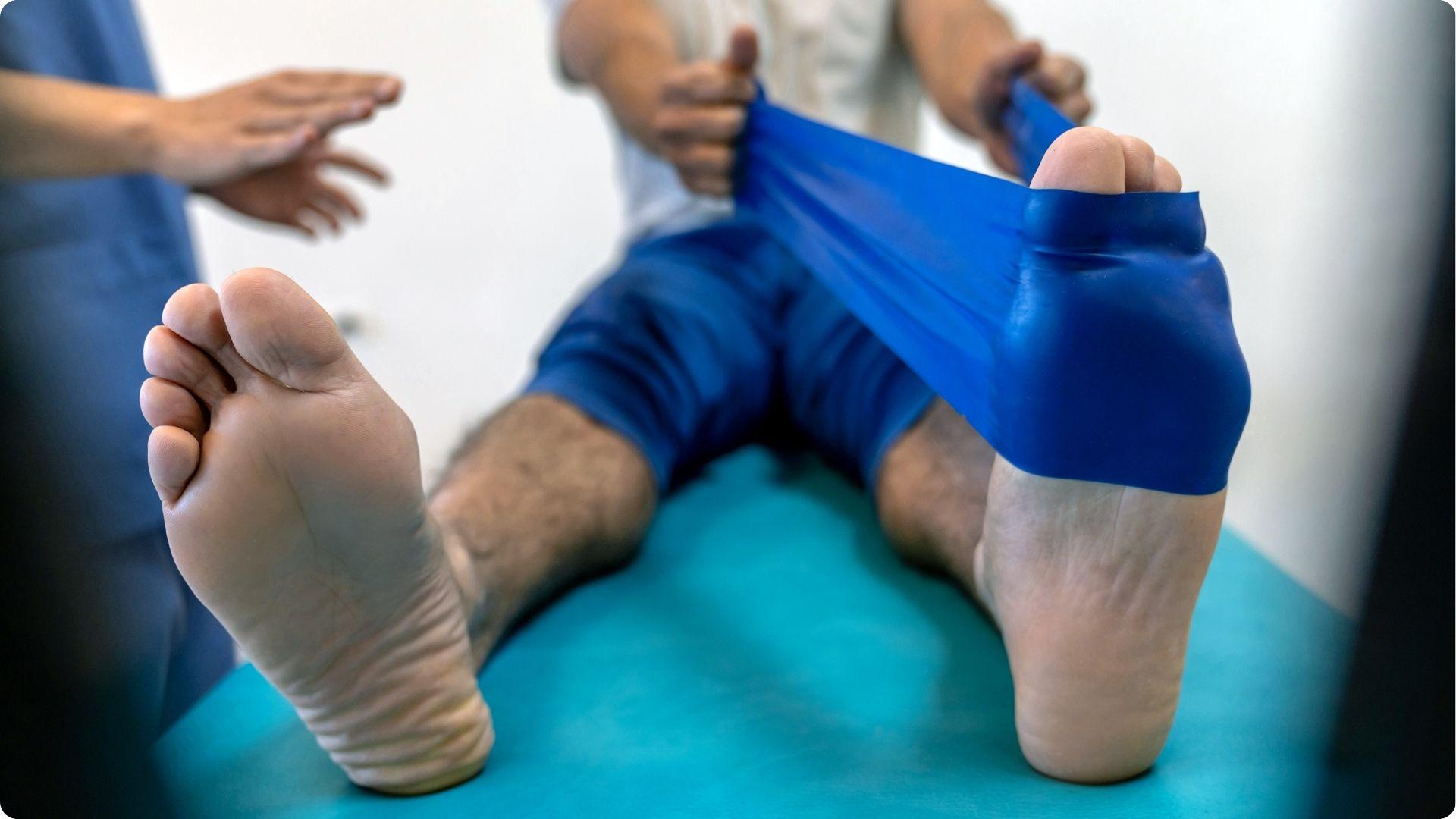 A person lying on a treatment table uses a blue resistance band around the foot for a flat feet exercise while a therapist guides.