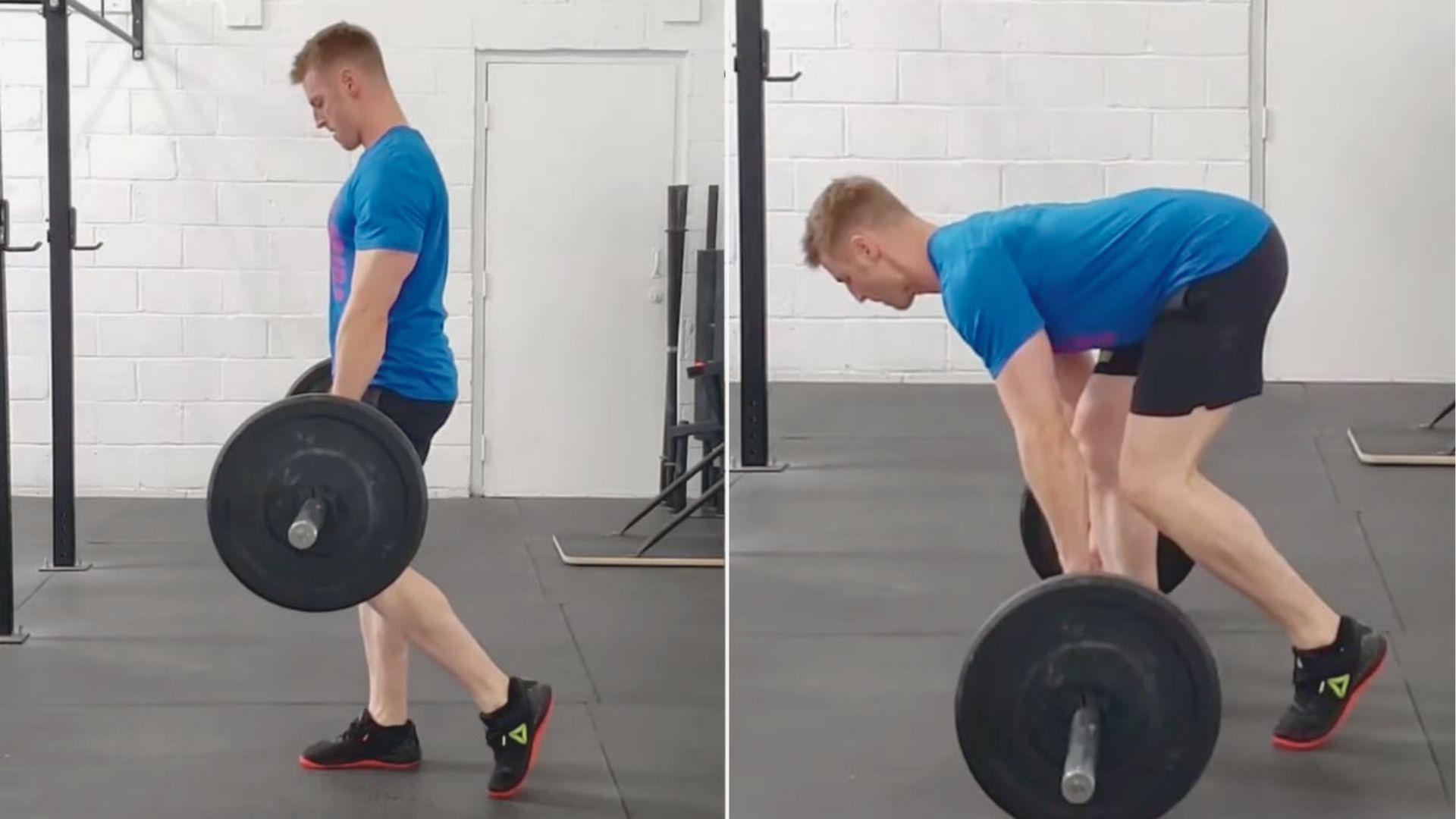Side-by-side sequence of a man in a blue shirt performing a B-stance barbell RDL, showing start position and mid-hinge.