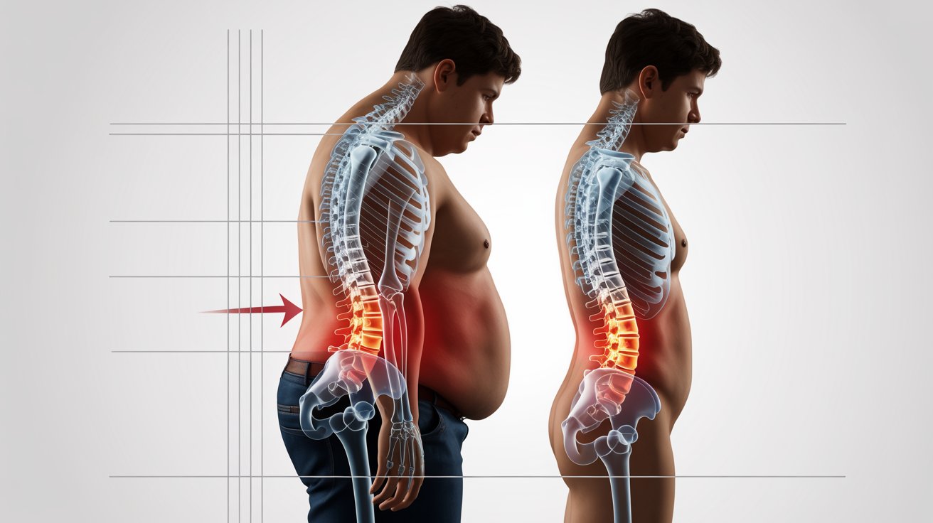 Overweight person showing spinal load and poor body weight distribution affecting posture and spine alignment.
