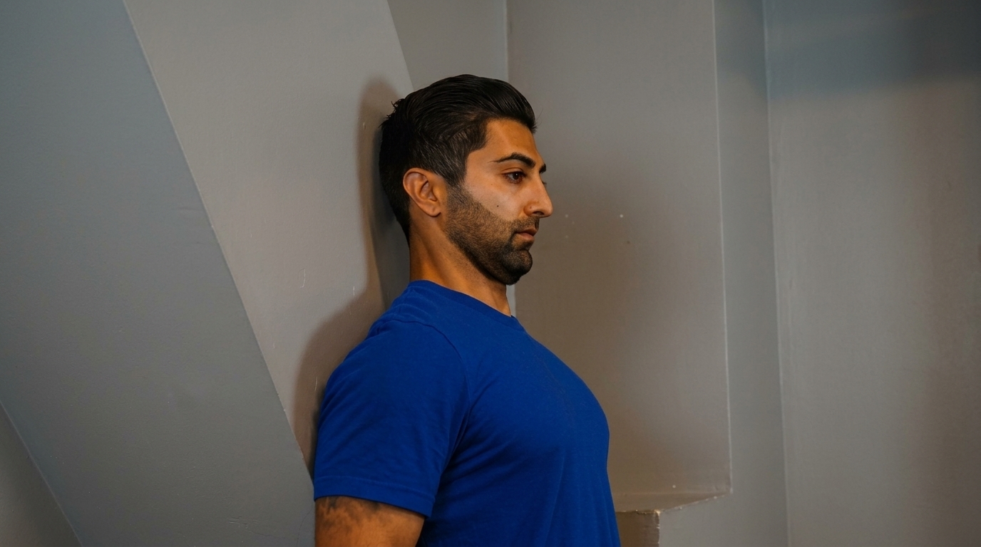 Man in blue shirt standing against wall doing chin tuck exercise to improve forward head posture