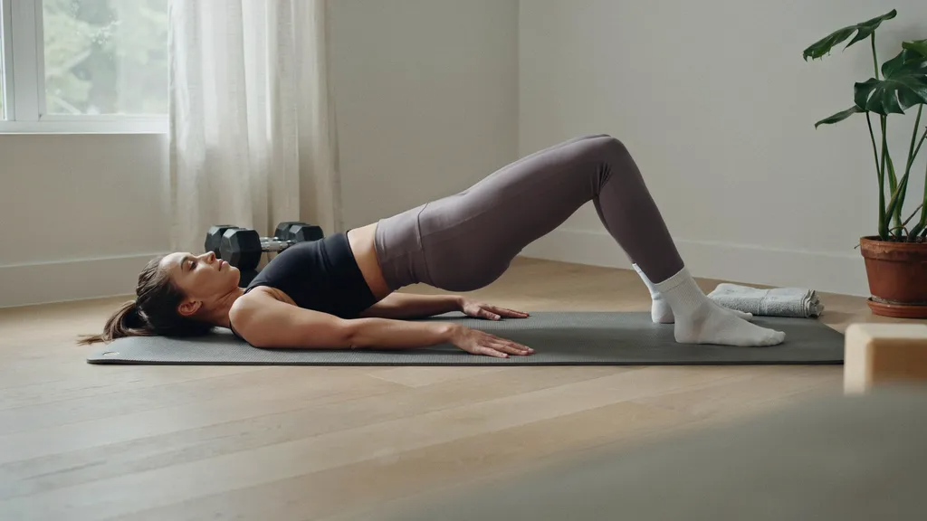 Woman performing glute bridge exercise on a mat.