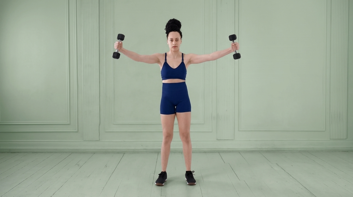 Woman in teal gym wear holding dumbbells at sides showing starting position for proper scaption raise technique