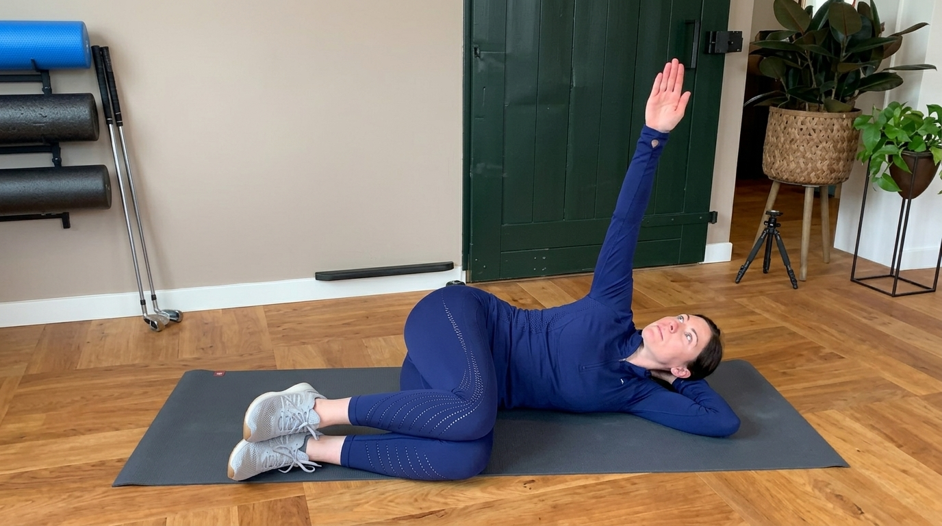 Beginner performing repeated open book stretches showing recommended reps per side.
