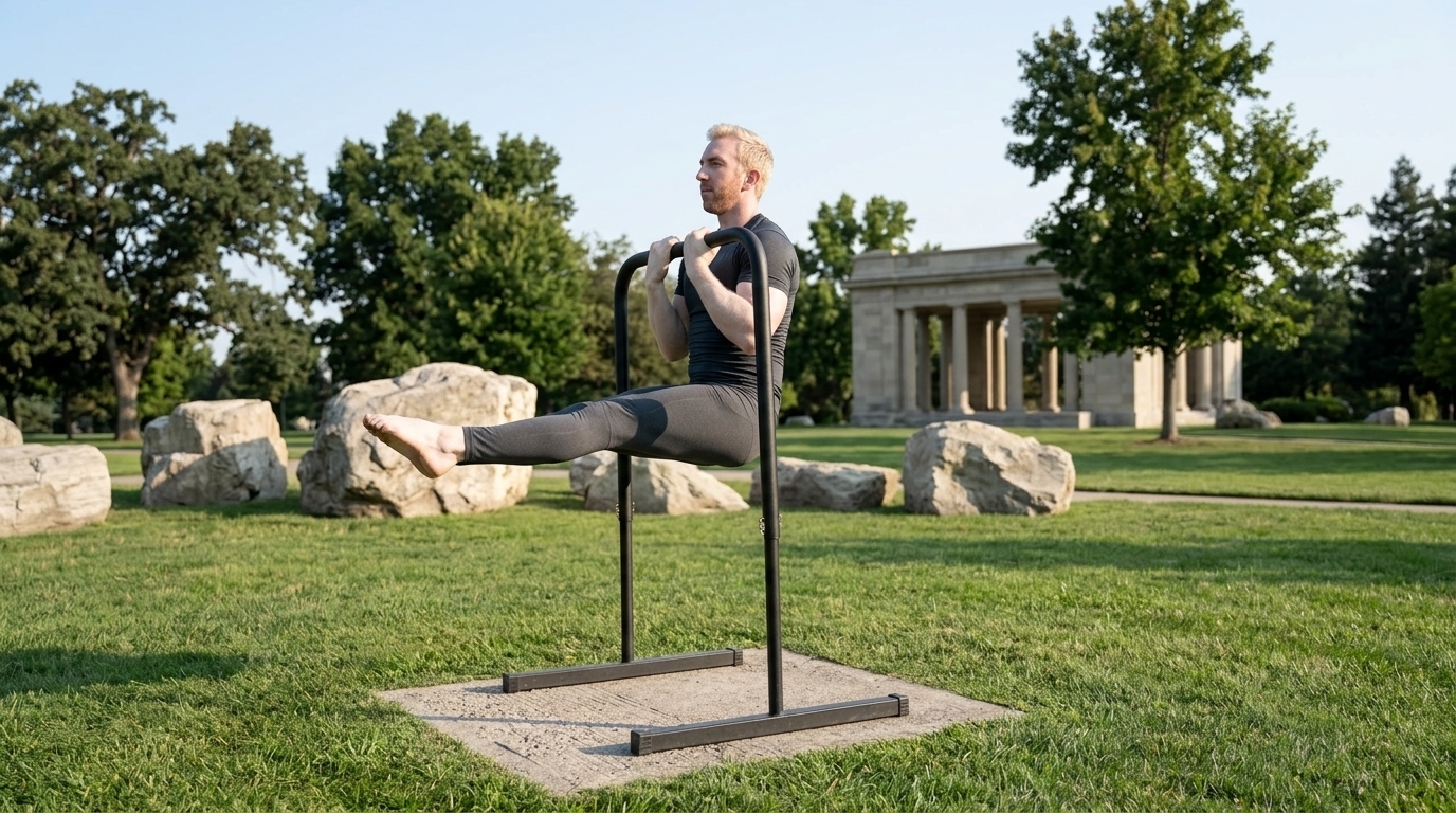 Muscular man demonstrating L-Sit pull up form on outdoor squat rack to target lats and back