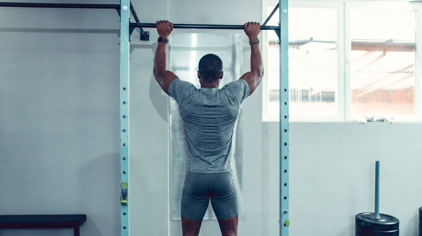 Man performing Scapular Pull on squat rack in home gym to target lats and build back width