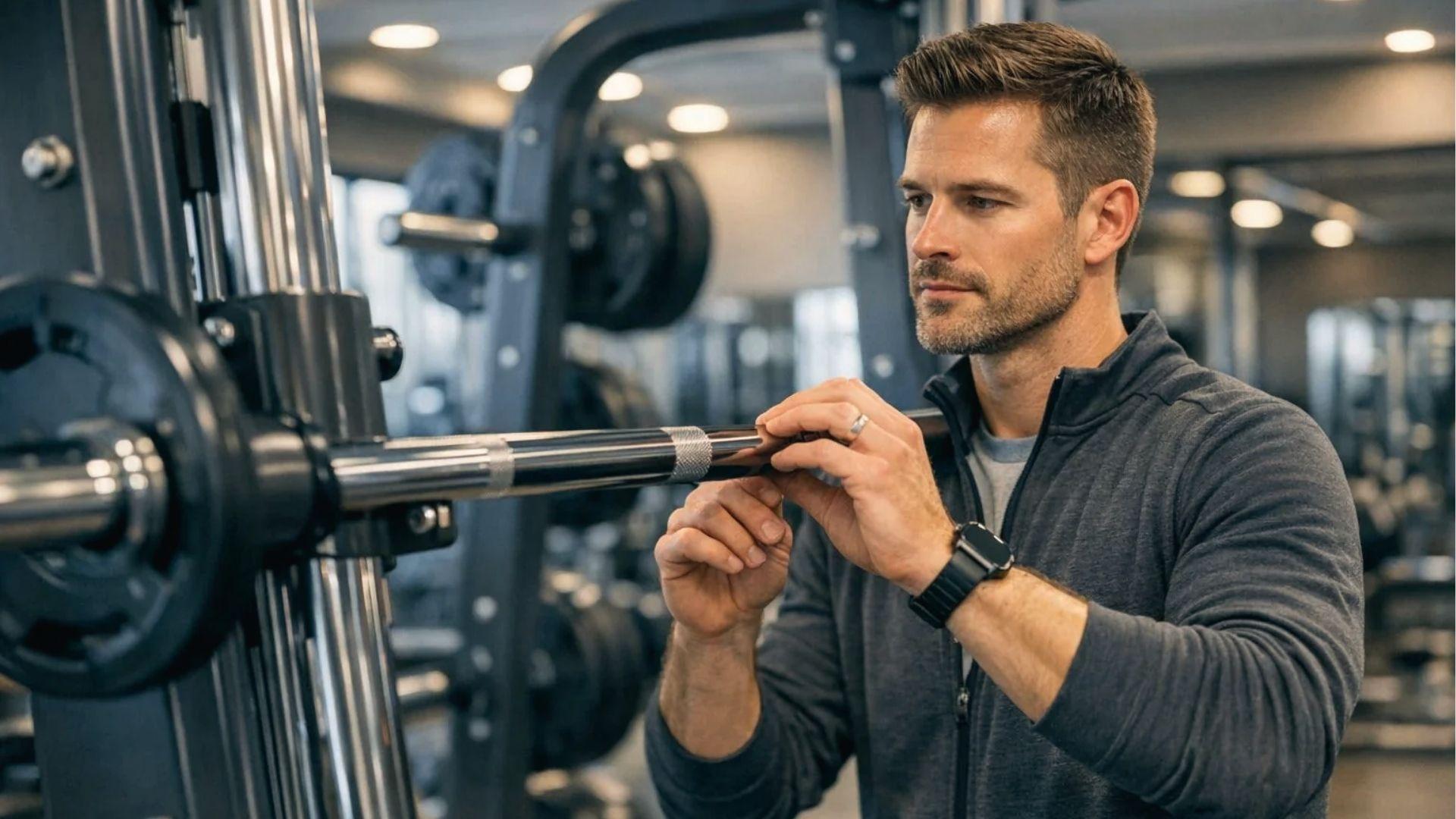 Man in gray jacket grips Smith machine barbell at Planet Fitness to test bar weight before lifting.
