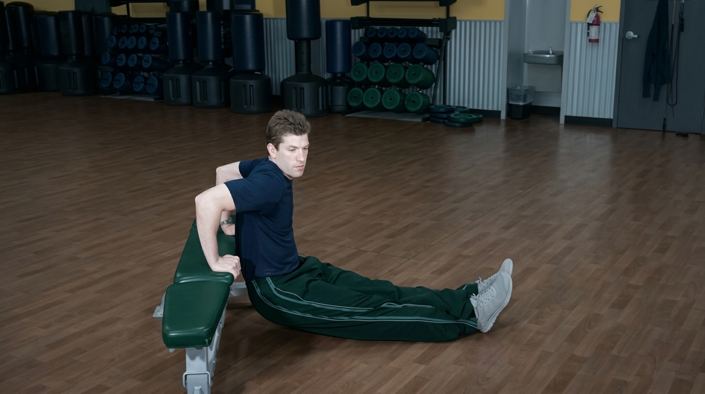 Man in gym performing Bench Dips exercise targeting medial head of triceps for muscle growth