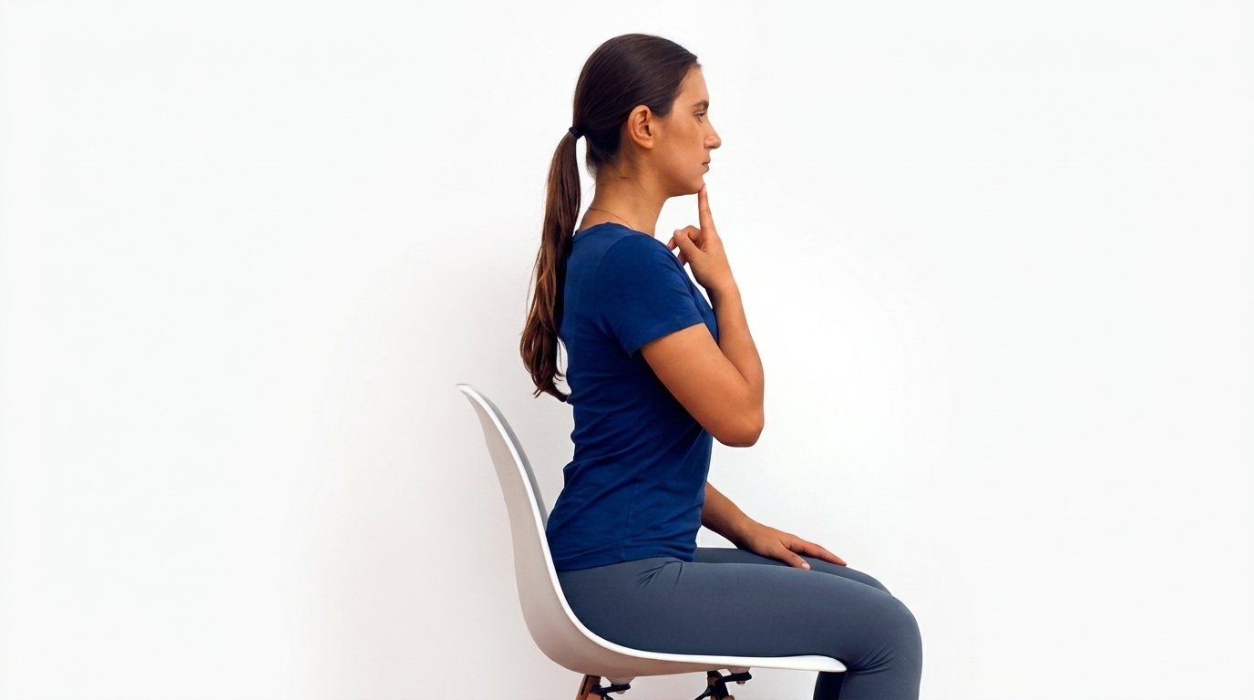 Woman sitting upright on white chair doing seated chin tuck with finger guiding proper neck alignment