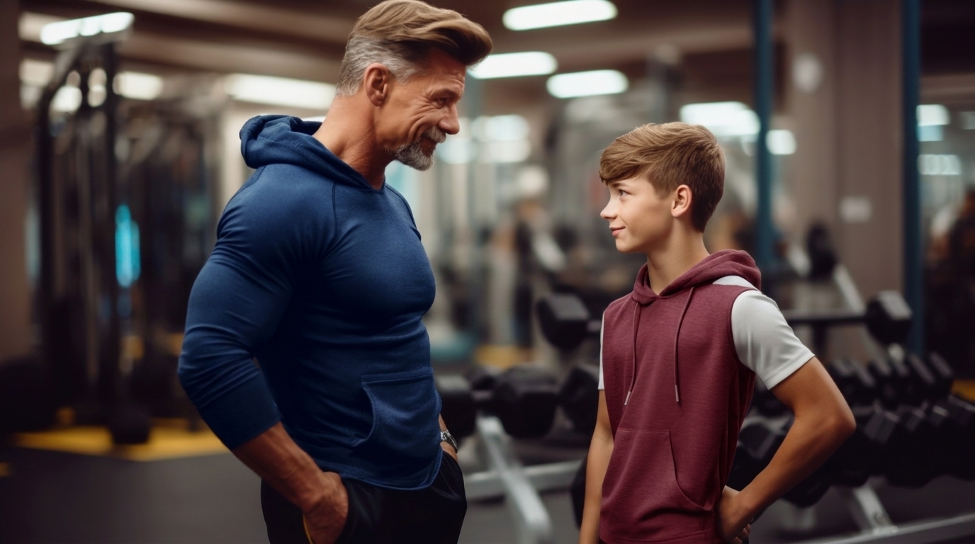 An older male trainer in a navy hoodie talks to a young teen boy in a maroon hoodie inside a gym.