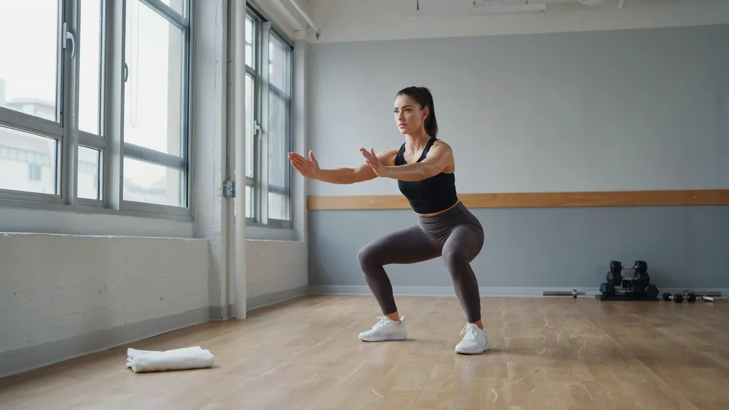 Woman demonstrating proper bodyweight squat form.