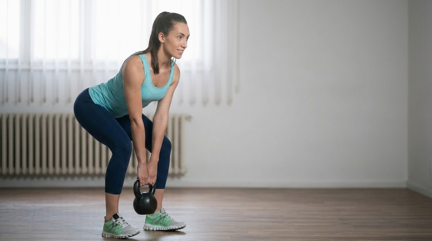 Woman in teal tank top performs a kettlebell sumo deadlift in a bright home studio.