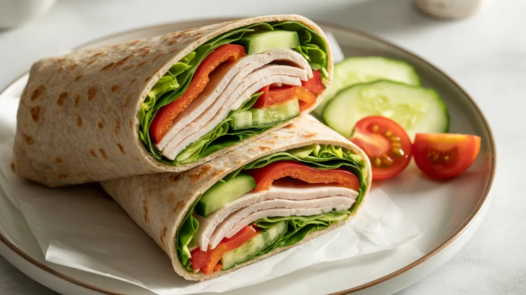 Turkey wrap made with whole grain bread and vegetables.