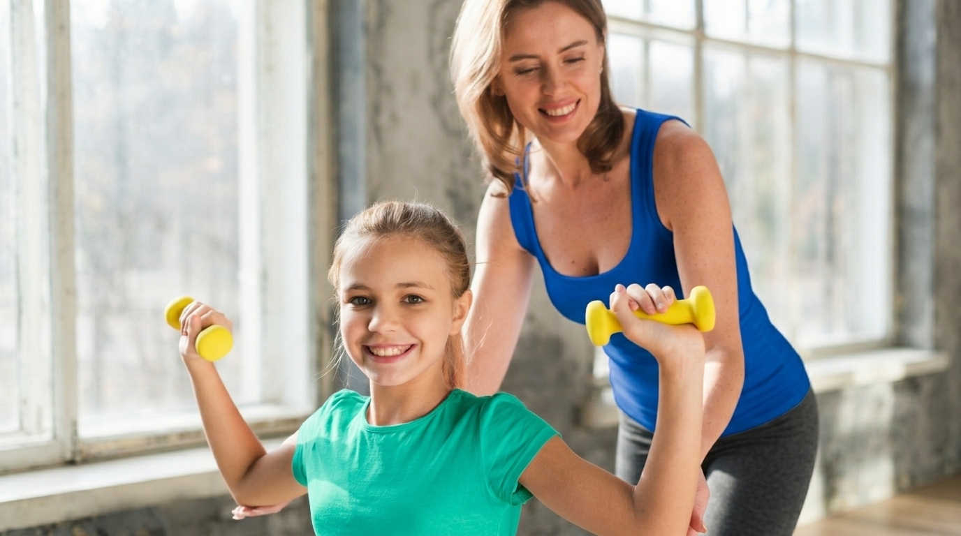A woman in a blue tank top guides a young girl in a green shirt lifting small yellow dumbbells.