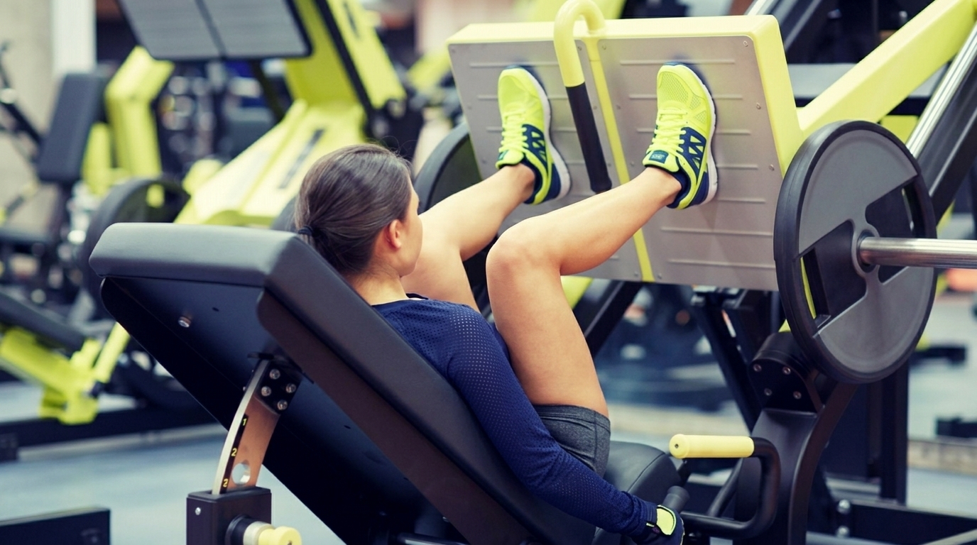Woman in dark blue long-sleeve top with wide, high foot placement on leg press.