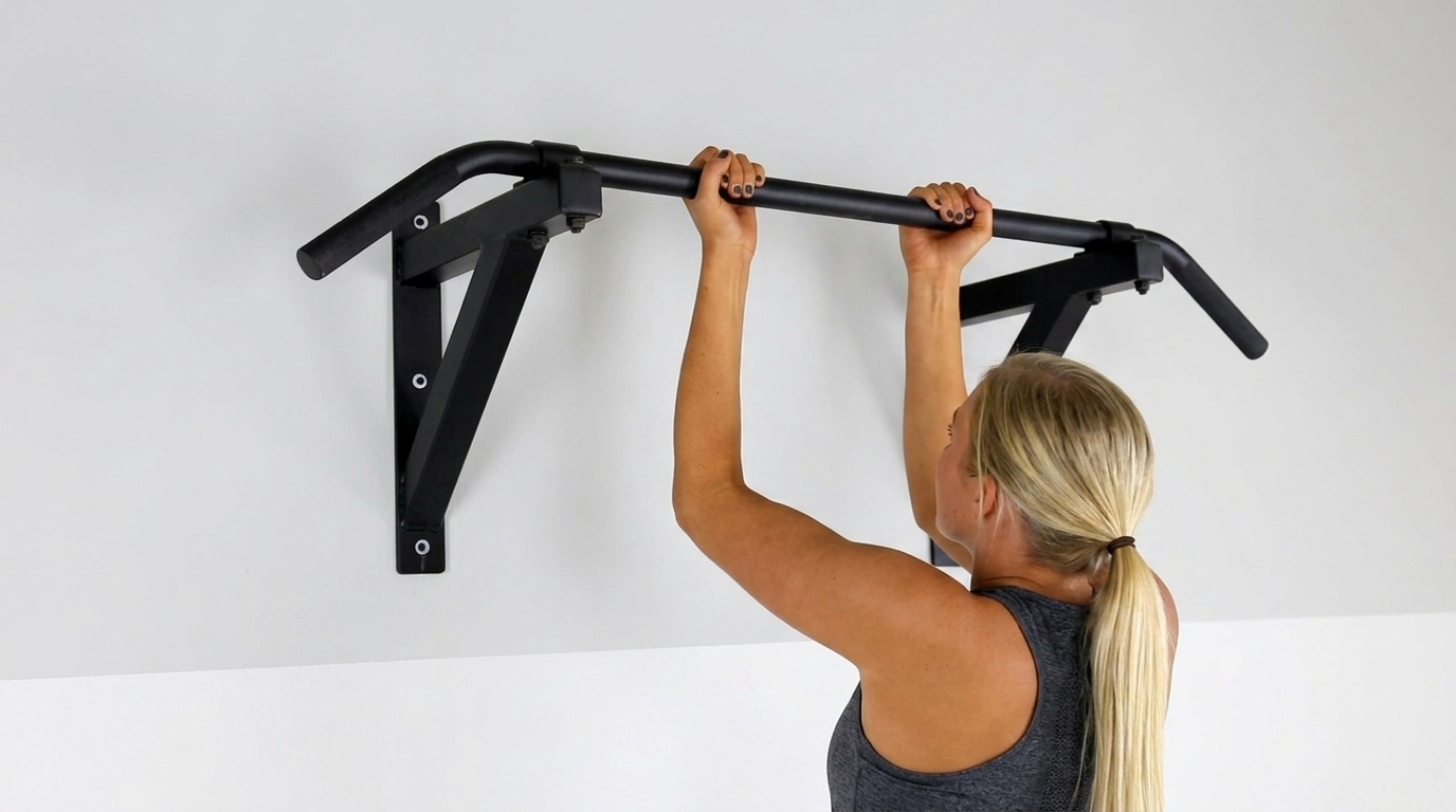 Woman performing Angled-Grip Pull-Up on wall-mounted pull up bar to strengthen biceps and upper back