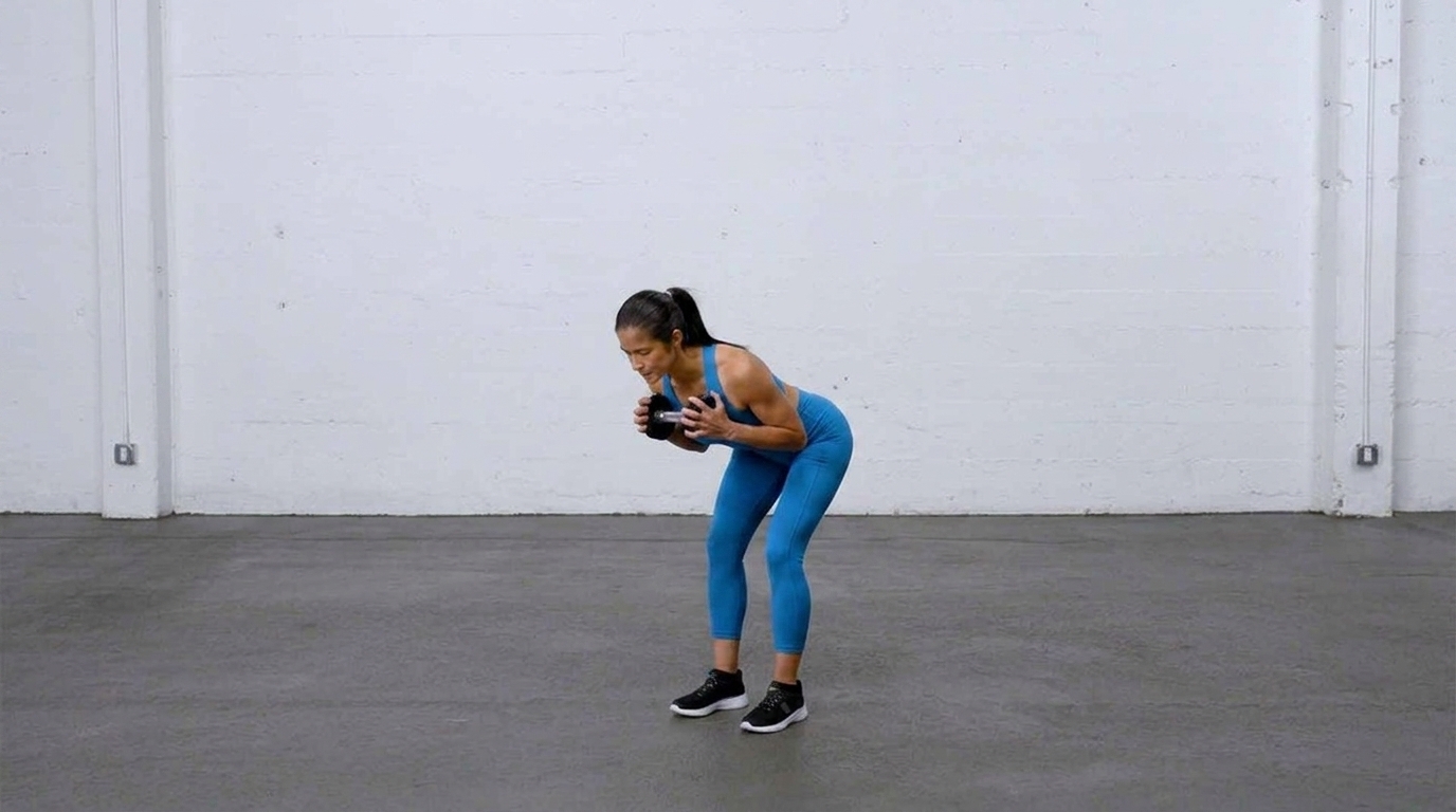 Woman in blue tank top and leggings holds a dumbbell at chest level in a hip-hinge stance.