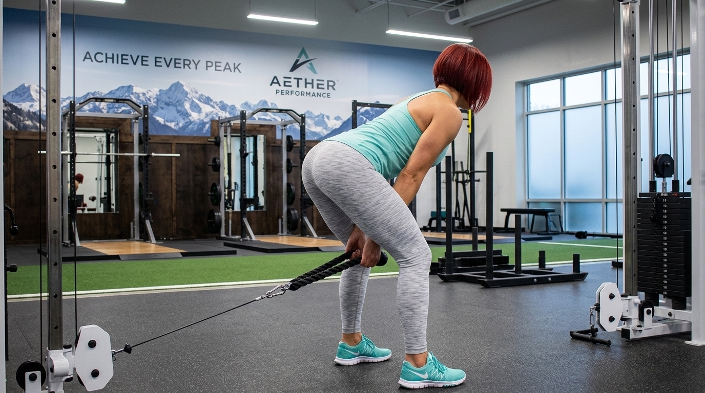 Woman doing cable pull-through with rope attachment to build stronger glutes