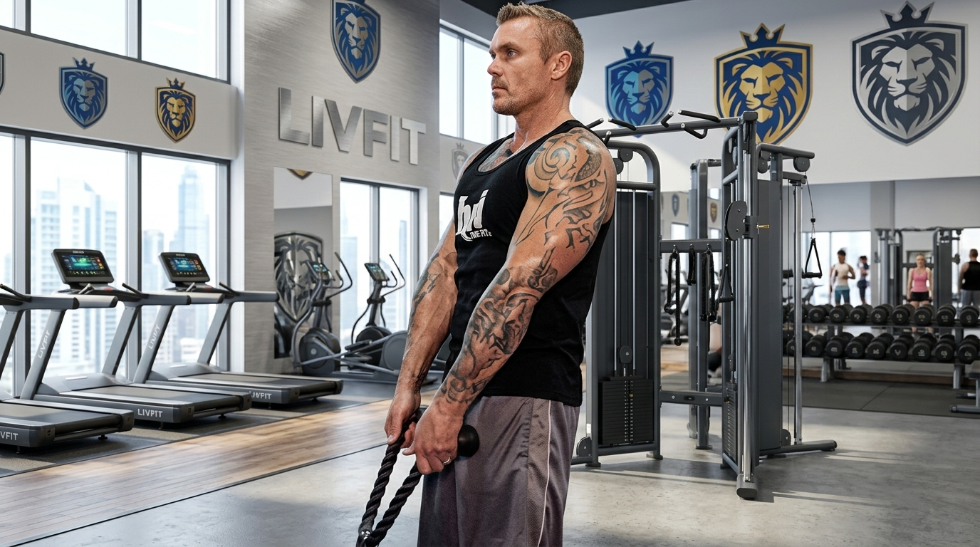 Cable shrugs building upper trapezius muscles.