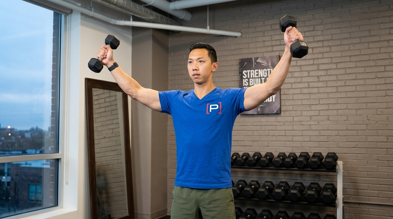 Man in blue shirt demonstrating scaption raises at 30 degree angle with dumbbells for rotator cuff strengthening
