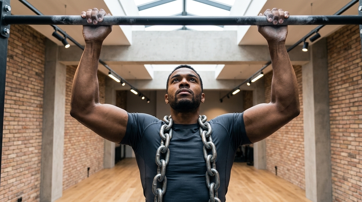 Muscular man doing weighted pull ups with chains around neck for advanced back strength training