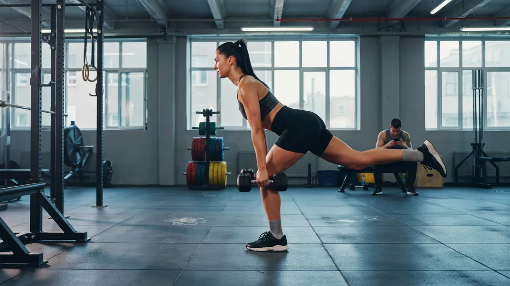 Woman performing a single-leg deadlift for balance and strength.