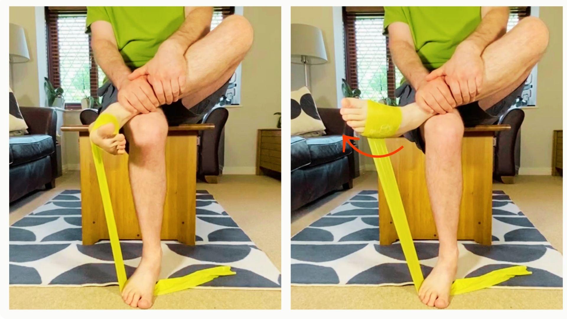 A person sitting while performing calf stretch against a wall to improve lower leg flexibility