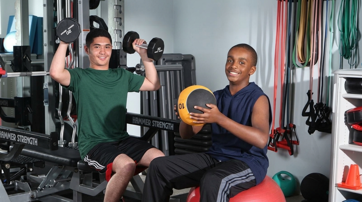 Two teen boys smile while working out: one lifts dumbbells, the other holds a medicine ball on an exercise ball.