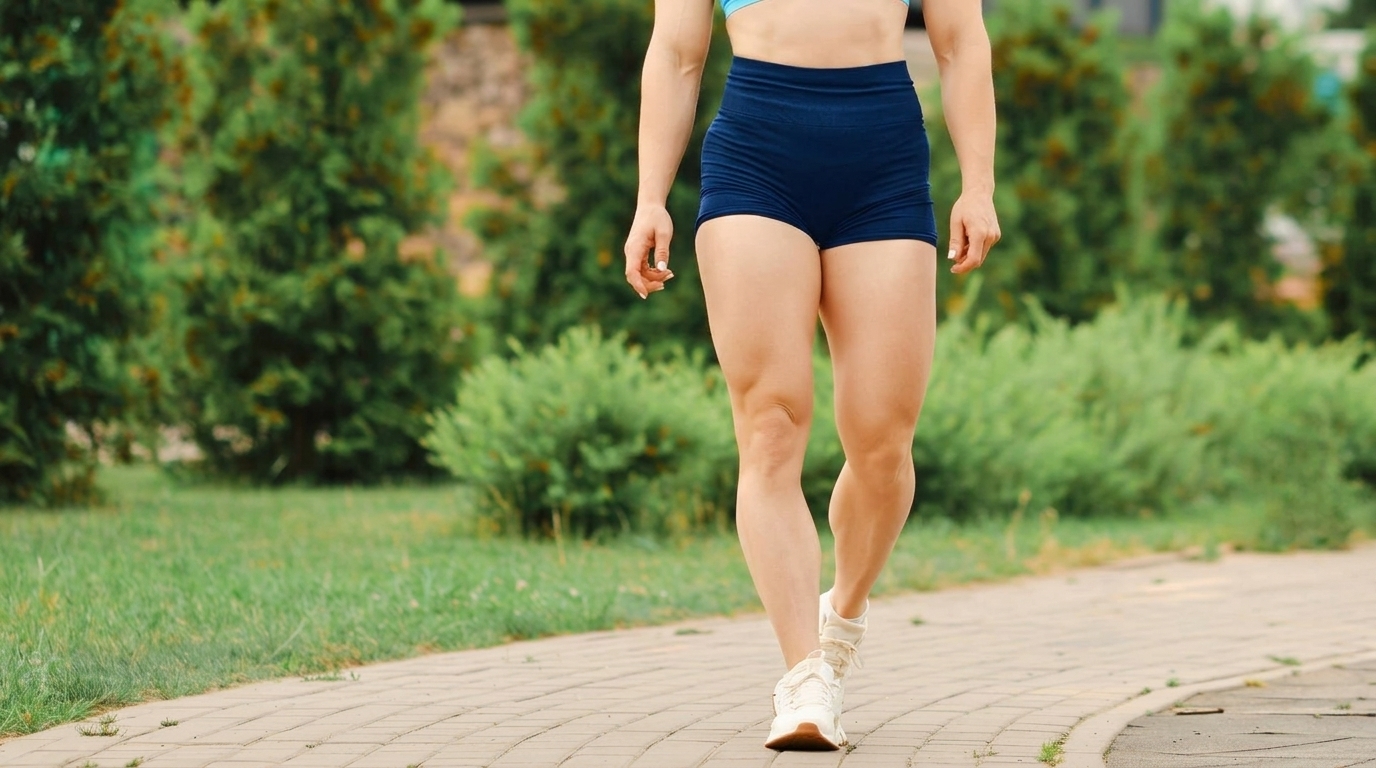 Fit woman in navy shorts walks outdoors showing defined calf and thigh muscles from toned leg workouts