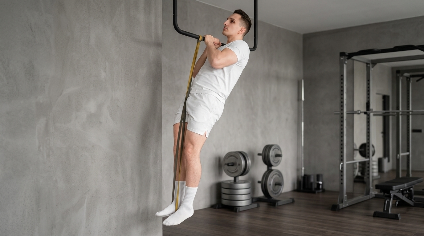 Man performing Commando Pull-Up on outdoor bar in white athletic wear showing proper form for building upper back strength
