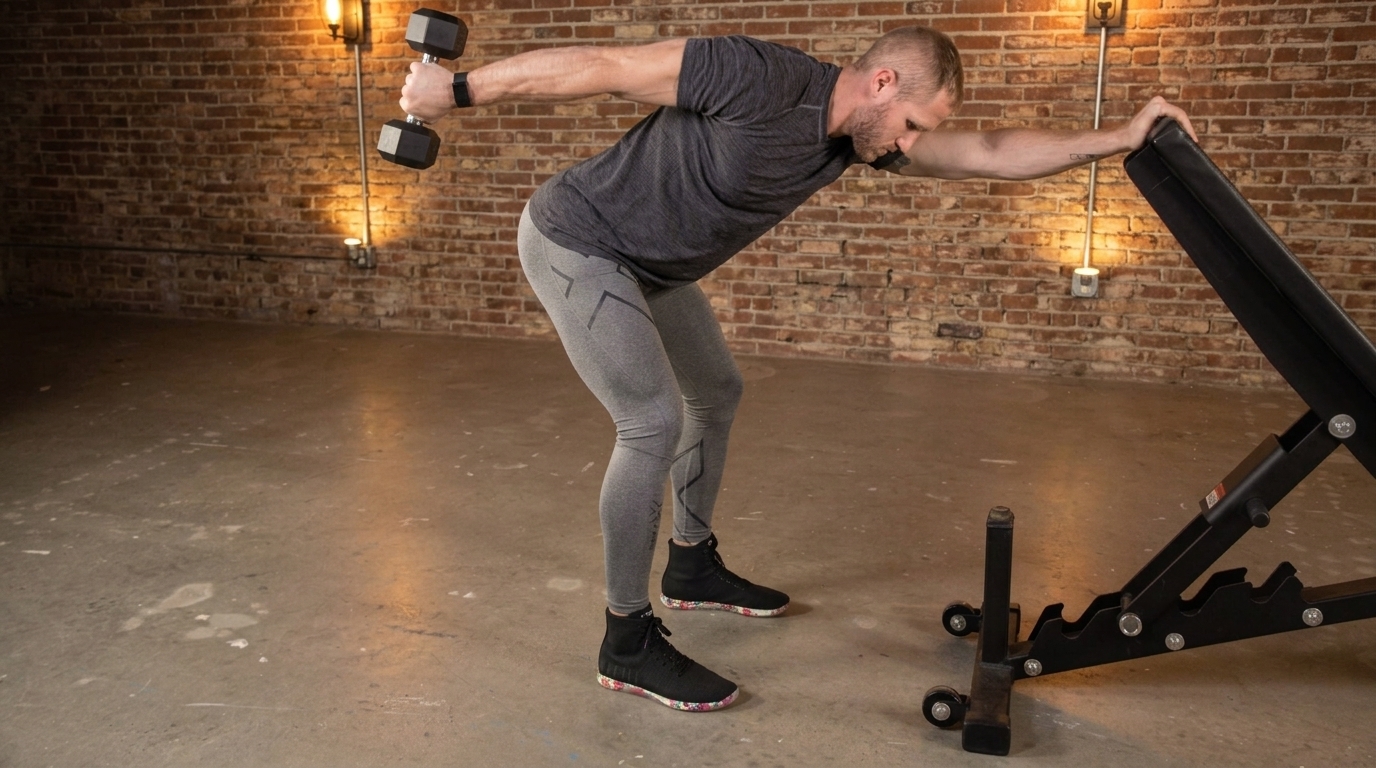 Man in gym performing Tricep Kickbacks exercise targeting medial head of triceps for muscle growth