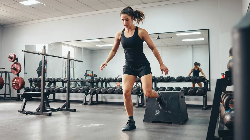 Woman performing step-ups on a workout platform.