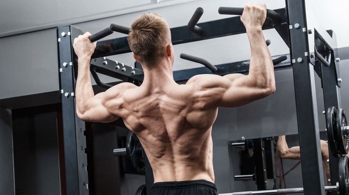 Muscular athlete Sternum pull up variation on power rack showing developed back muscles and lats