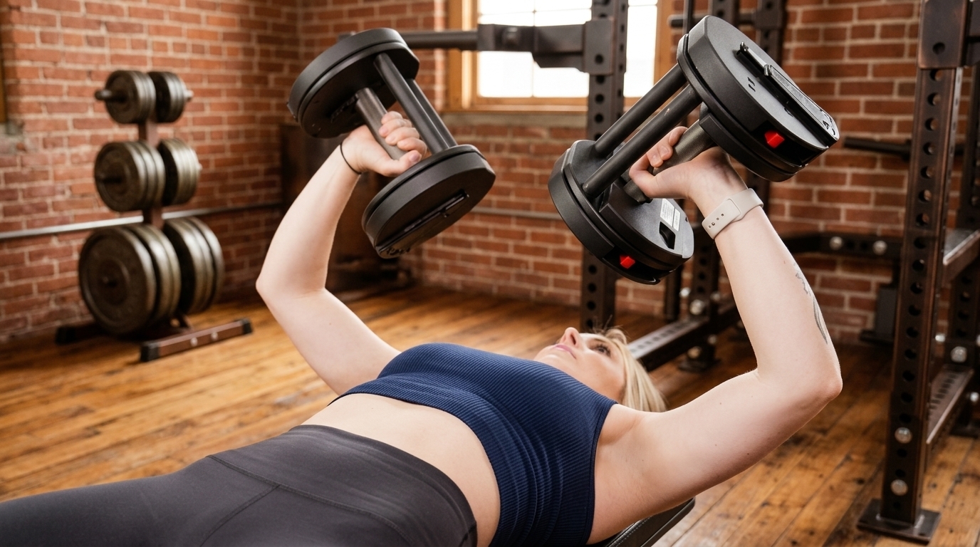 Women in gym performing Tate Press exercise targeting medial head of triceps for muscle growth