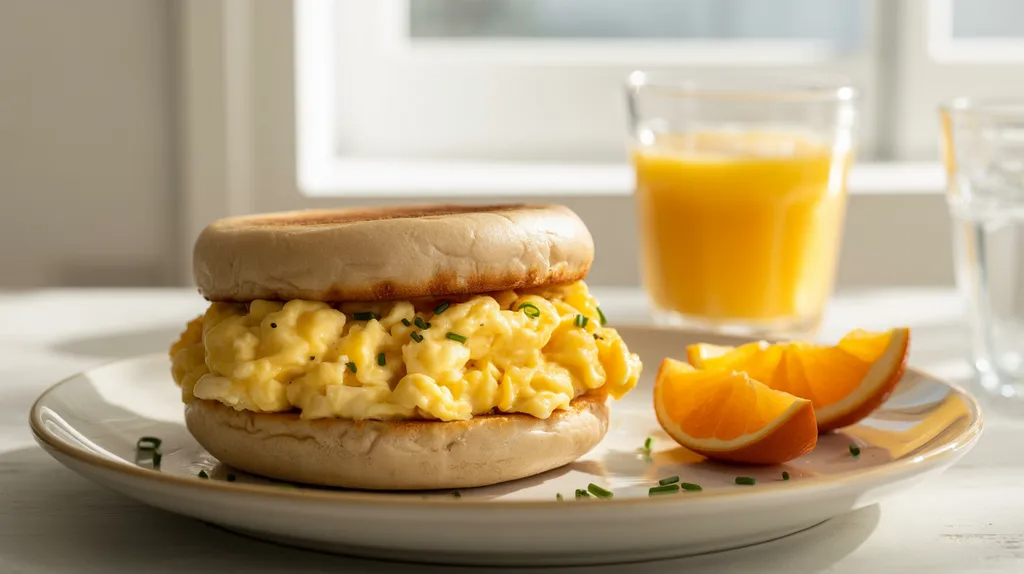 English muffin with scrambled eggs for pre workout nutrition.
