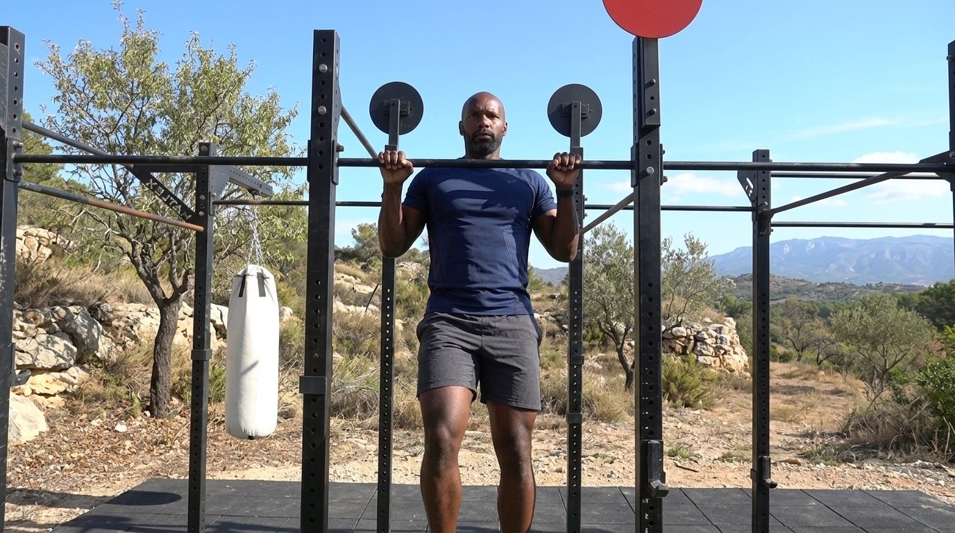 A man is performing Isometric Pull-Up Hold