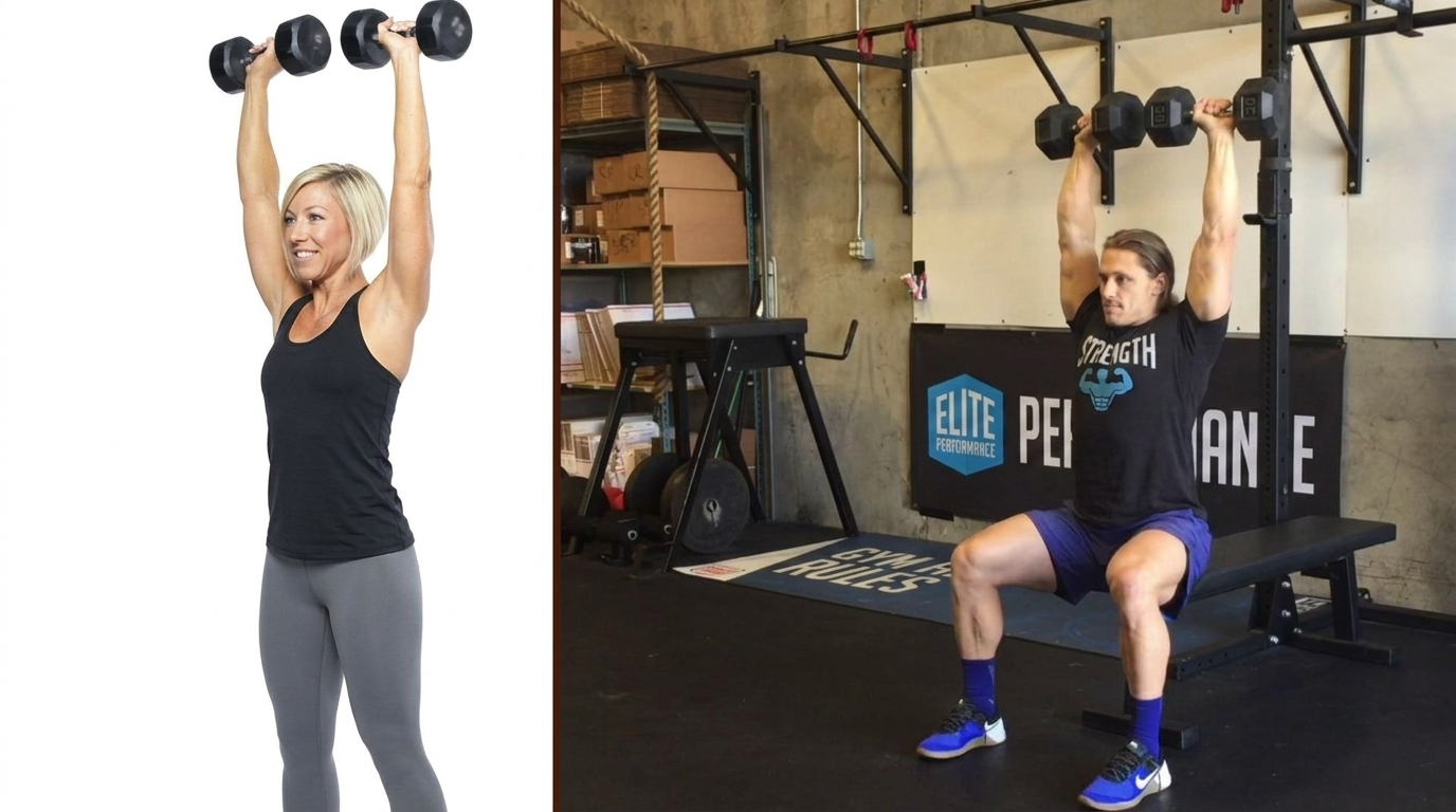 a man and woman doing standing and seated dumbbell shoulder presses.