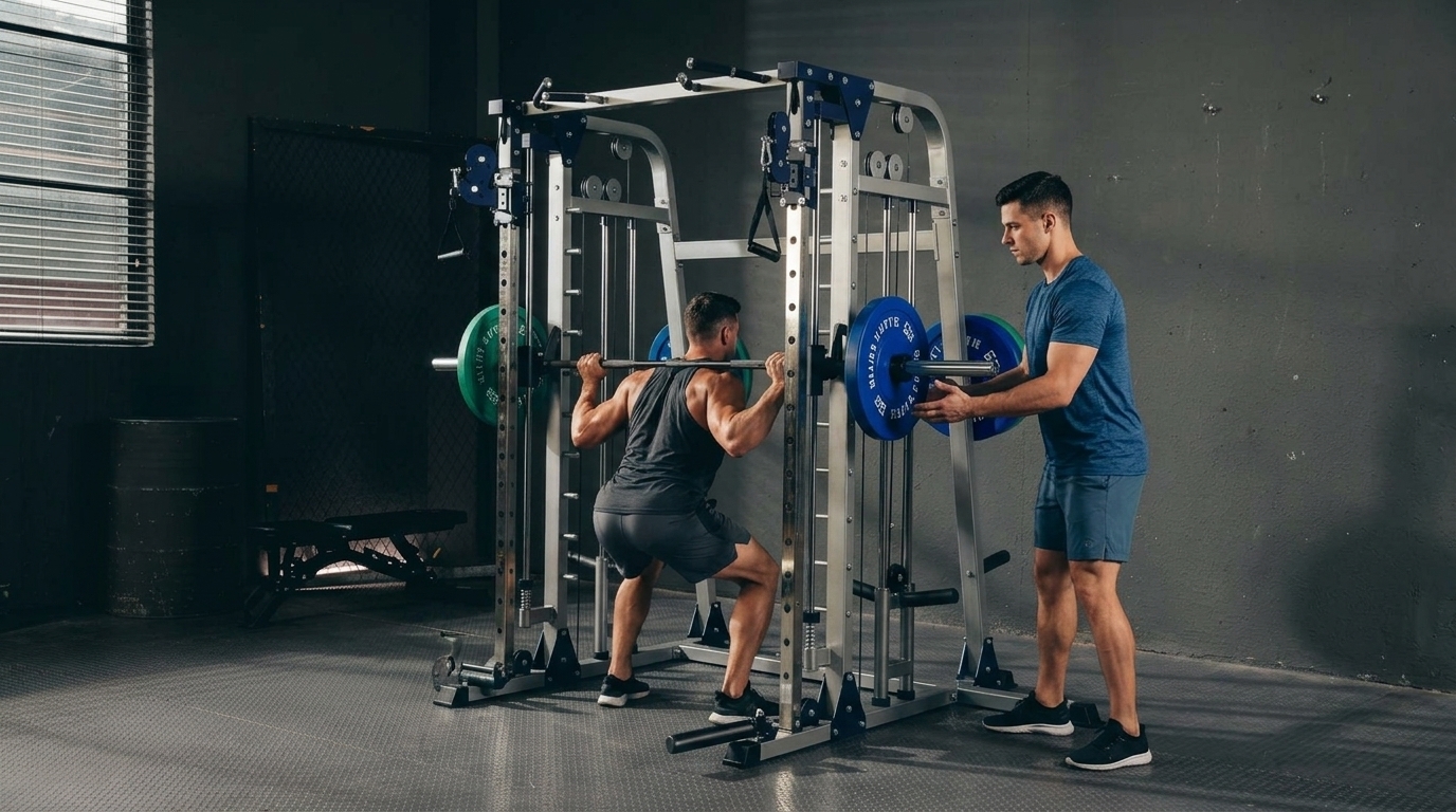 Man squats in a silver Smith machine while a spotter assists, showing guided weight reduction.