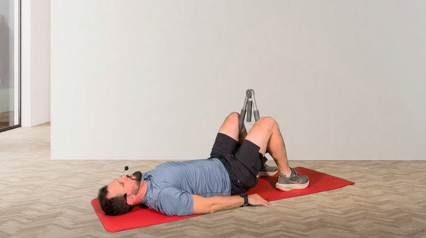 Man lies on the mat pressing Thigh Master between knees to isolate inner thighs and pelvic floor.