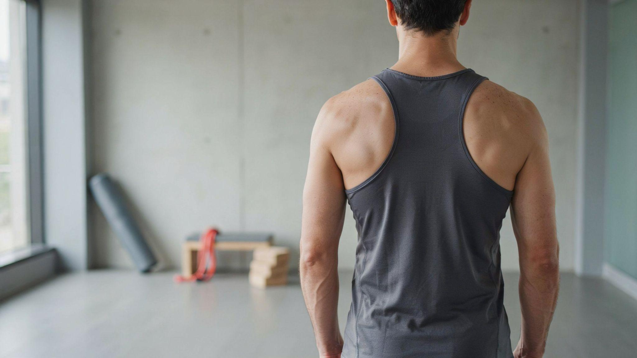 Human back highlighting trapezius muscles from neck to shoulders and mid-back in fitness setting