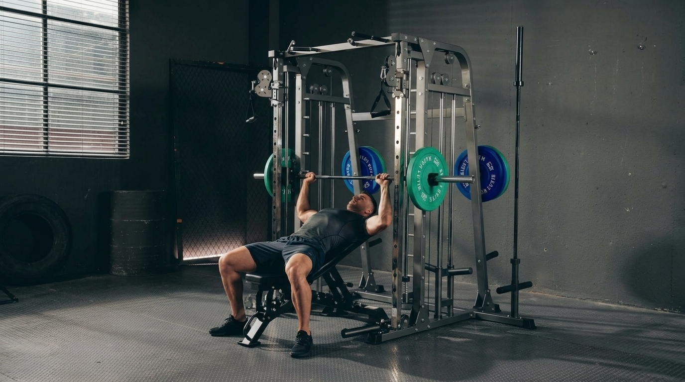 Athlete does incline bench press on a Smith machine, highlighting fixed bar path and less weight.