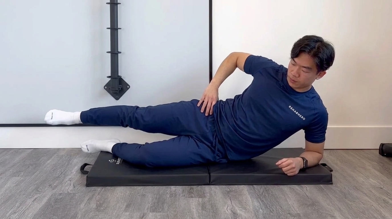 Man in navy athletic wear demonstrates a side-lying leg raise on a black mat indoors.