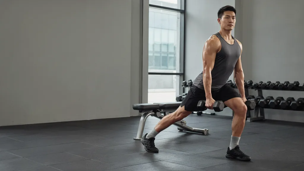 Proper setup position for a dumbbell Bulgarian split squat.