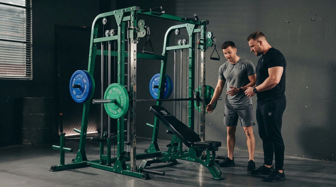 Two trainers discuss a green Smith machine setup with plates to explain how the bar reduces load.